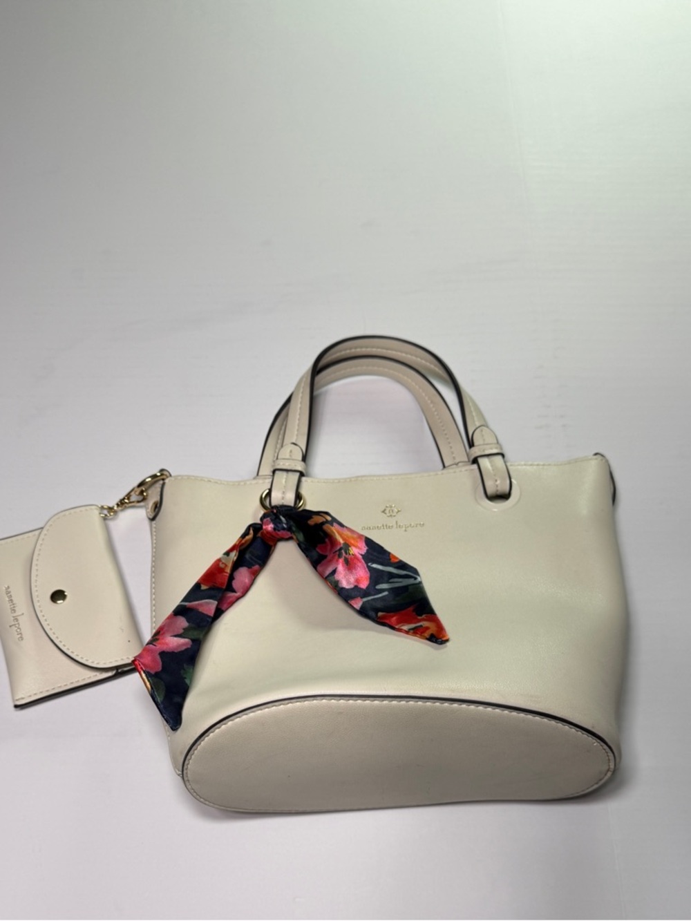 nanette lepore Cream faux Leather Satchel with Floral Scarf Accent